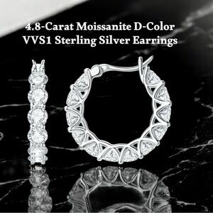 4.8 CTs Moissanite Sterling Silver Hoop Earrings, Color D, VSS1 GRA Certificate